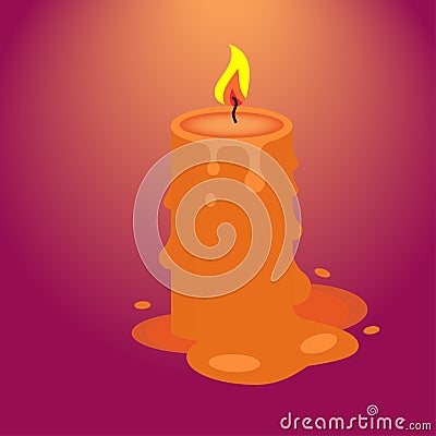 A burning candle with drops of wax. Symbol of Christmas, Halloween Vector Illustration